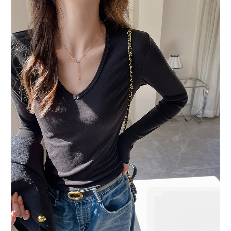 Factory Black V-Neck Long-Sleeved Inner T-Shirt for Women Early Autumn Korean Style Right Shoulder Slimming Look High-End Top That Can Be Worn Outside