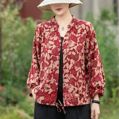 秋の新型水洗い綿麻シャツのコートの女性のゆったりした大きいサイズの文芸の復古の中国風の女性のプリントのカーディガン