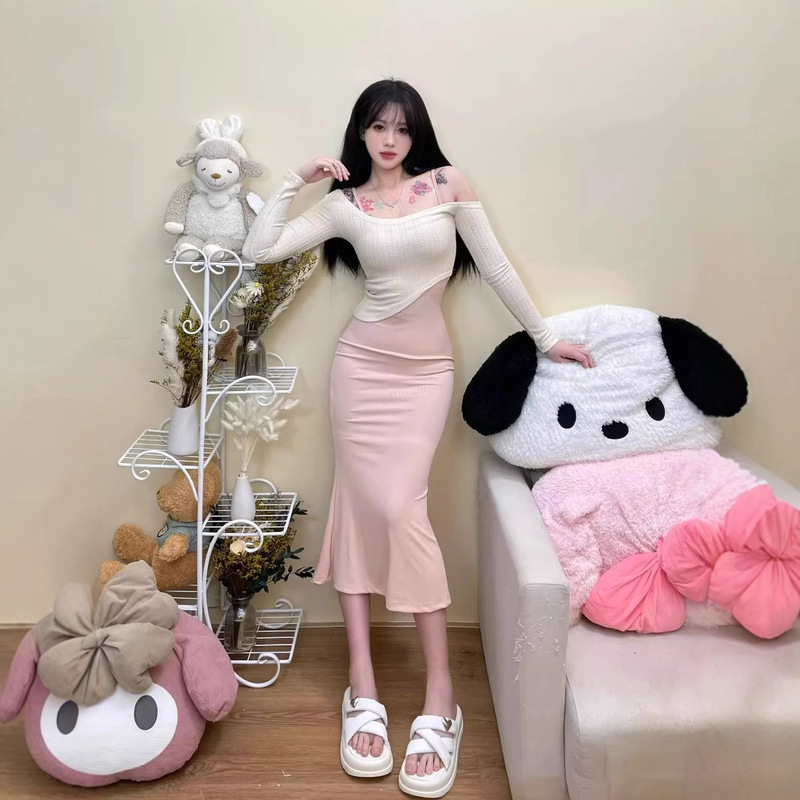 Pure Desire Hot Girl Suspender Dress Fishtail Long Skirt Autumn Irregular One-Shoulder Sweater Top Two-Piece Suit