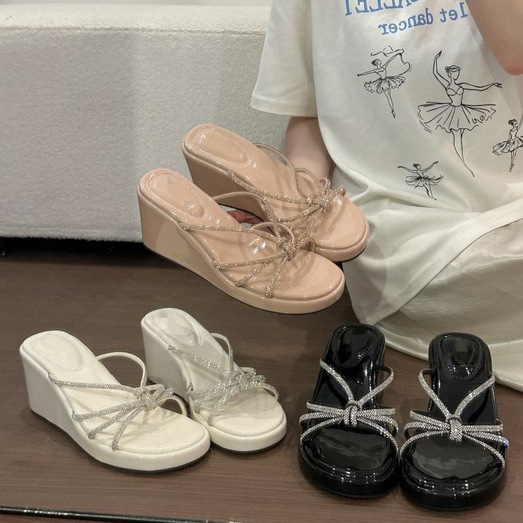 06 nuevo verano 7cm de altura de fondo con falda de diamante zapatillas para mujeres