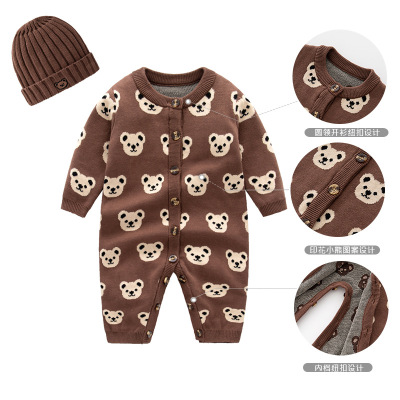 跨境嬰兒毛線衣秋冬寶寶針織哈衣嬰幼兒外出服洋氣小熊針織連體衣