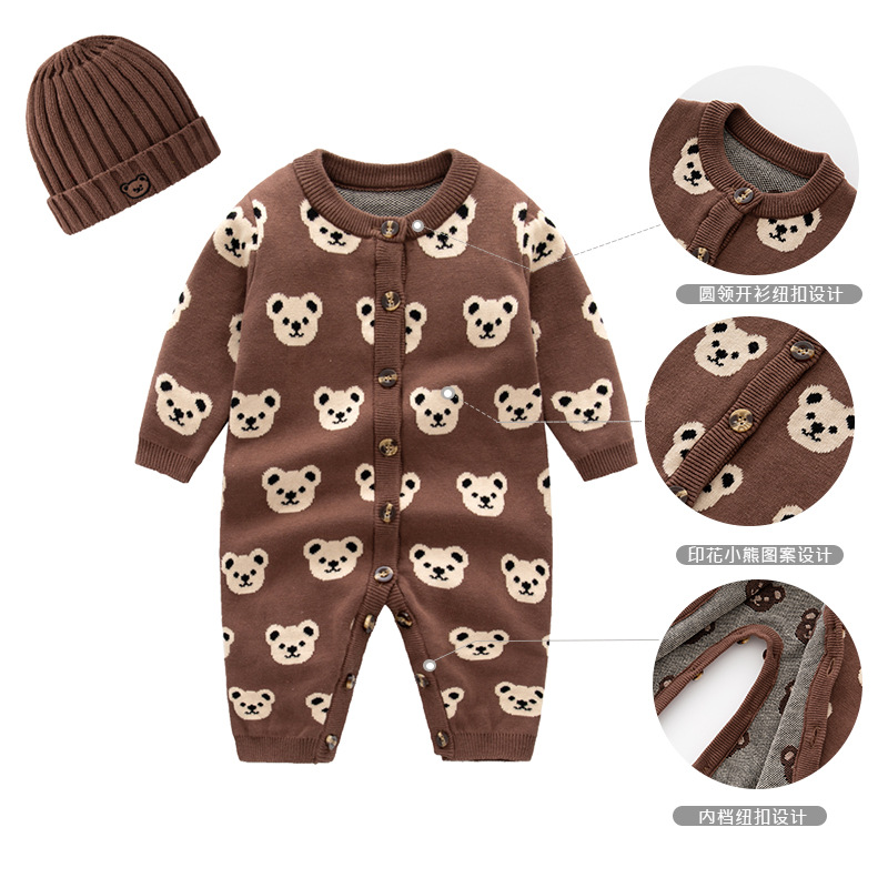 跨境嬰兒毛線衣秋冬寶寶針織哈衣嬰幼兒外出服洋氣小熊針織連體衣