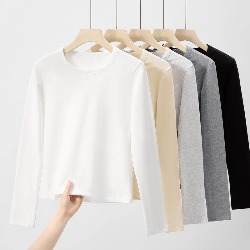 秋冬季新款保暖长袖打底U领T恤女加绒加厚修身日常休闲内搭上衣服