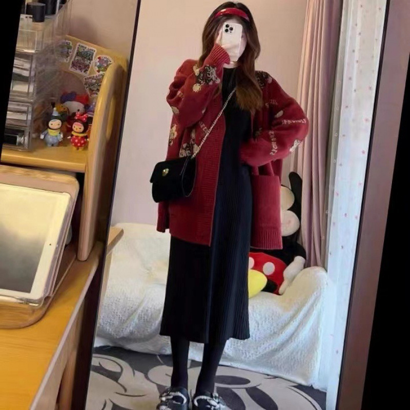 플러스 사이즈 임산부의 가을과 겨울 두꺼운 스웨터 2 조각 세트 인터넷 연예인 인기 패션 느슨한 임산부를위한 새로운 세트 원피스