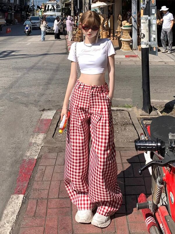 Contrast Color Plaid Pants Women's Summer Korean Style Internet Popular Straight Leg Pants High Waist Slimming Pants Small Casual Wide Leg Pants