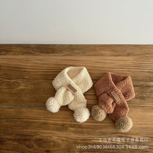 韩国风儿童个性小熊标圈圈纱交叉围巾秋冬款婴童小宝宝保暖围脖套