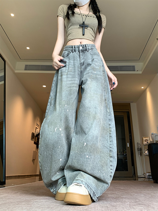 实拍！！！灰色泼墨弯刀牛仔裤男女潮牌美式街头宽松裤子东南亚棉|undefined