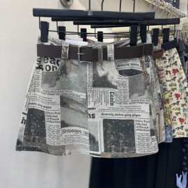 亚马逊跨境外贸重工烫钻报纸A字牛仔短裙女辣妹修身包臀半身裙