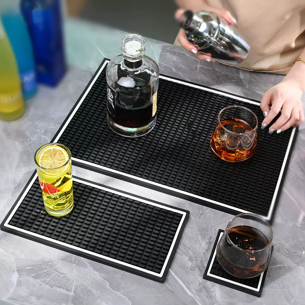 吧台垫酒吧酒杯防滑杯垫橡胶滤水沥水垫子隔水垫PVC白边方形吧垫