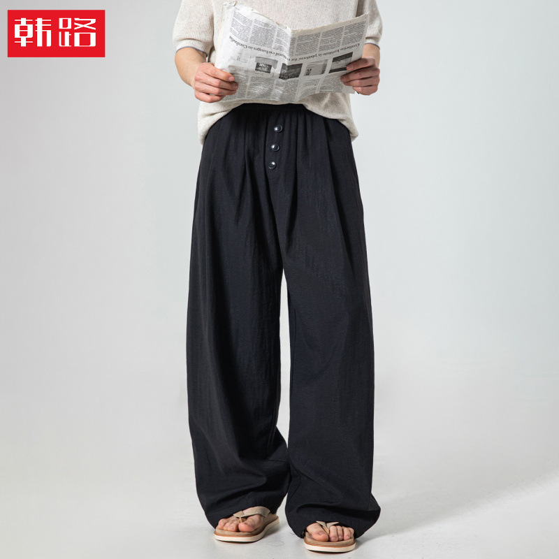 Decorative Placket Buttons, Faux Cotton-Linen Straight-Leg Casual Pants, Spring/Summer Style, Pleated, Loose Fit, Textured Wide-Leg Long Pants Decorative Placket Buttons, Faux Cotton-Linen Straight-Leg Casual Pants, Spring/Summer Style, Pleated, Loose Fit, Textured Wide-Leg Long Pants