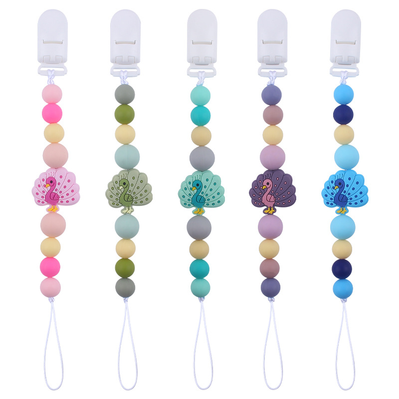Nuevos suministros para bebés de dibujos animados animal Pavo Real teether calmante bebé cuentas de silicona mordedura molar pezón cadena