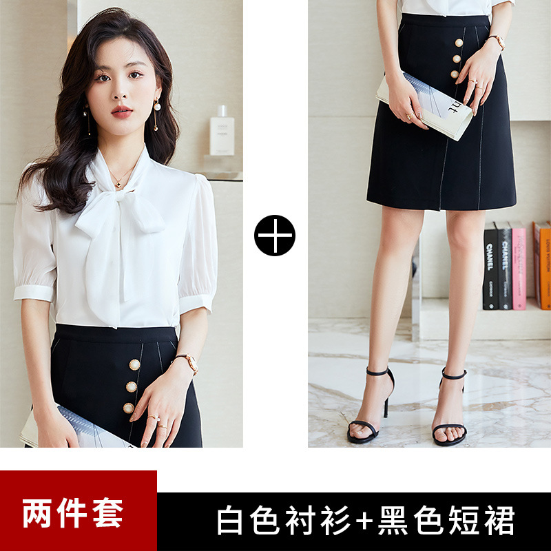 Shirt, black mini-skirt