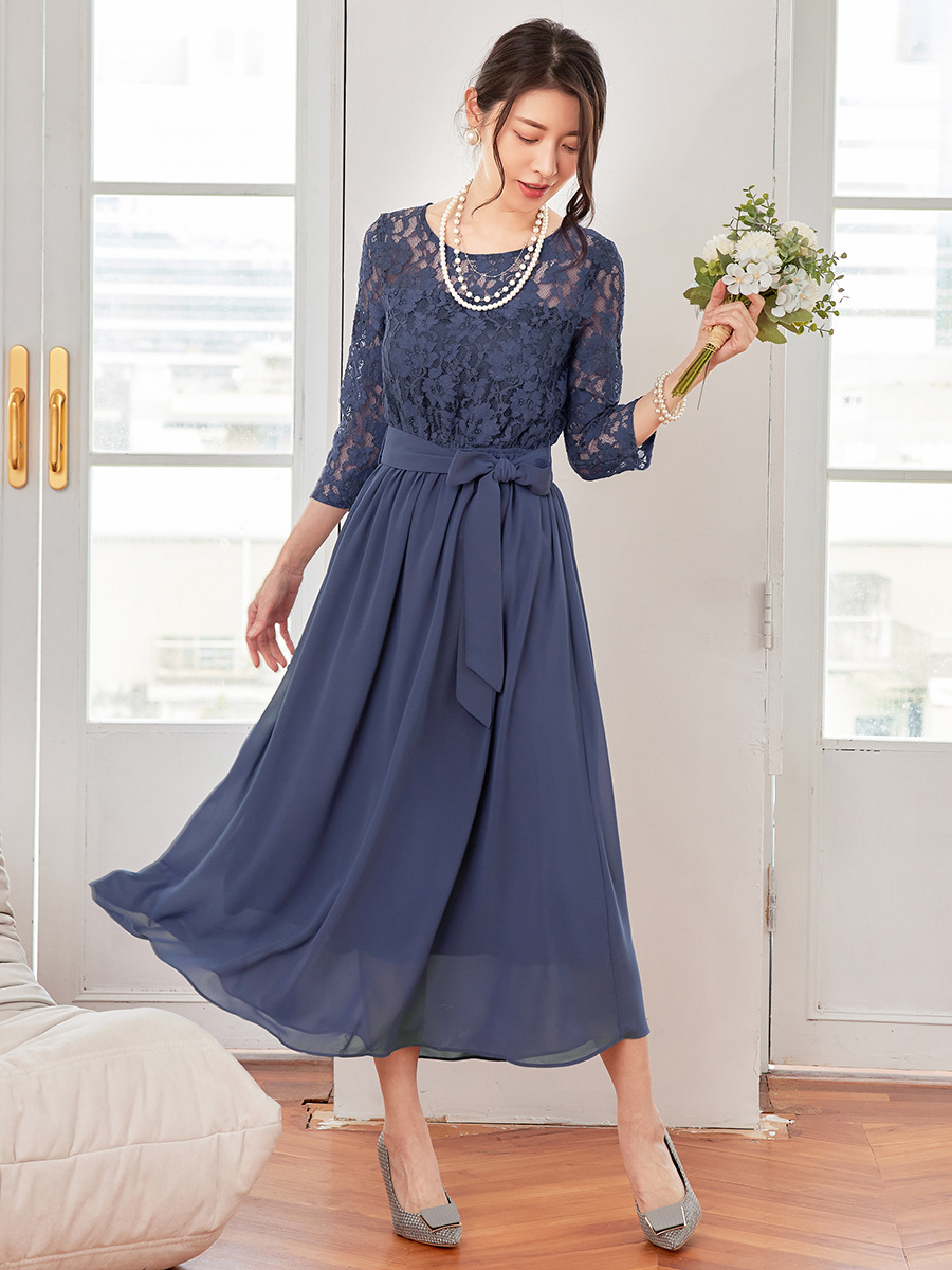 Japanese elegant lace shiffon long dress with a round collar
