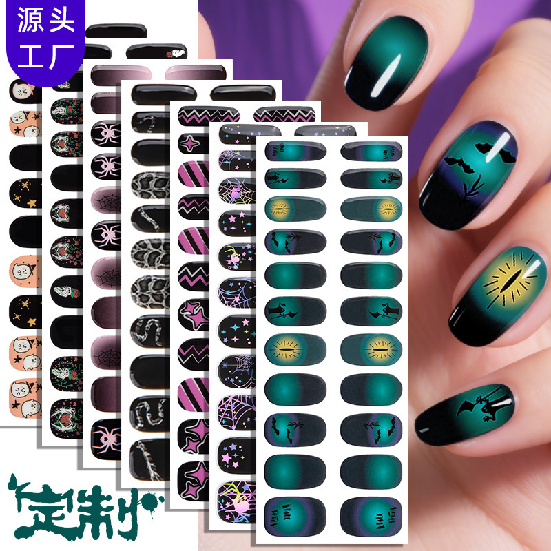Zhengxiang Factory Customized Oem Halloween Luminous No-Bake Gel Nail Art Stickers Dark Spider Gel Nail Stickers Oem