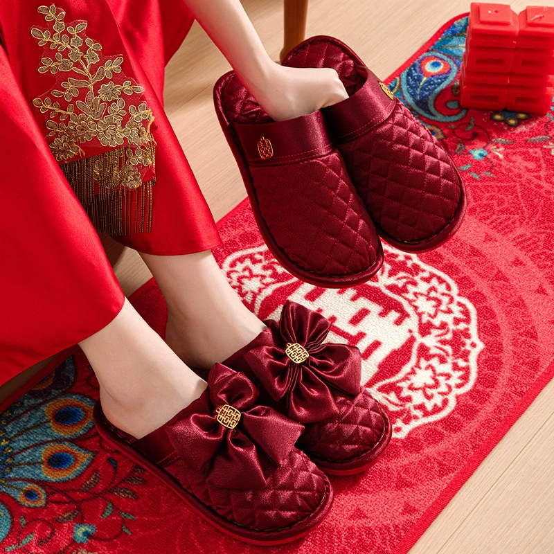Свадебные хлопковые тапочки Праздничная красная пара молодоженов Мужская и Женская пара Невеста Свадебные приданое Свадебные тапочки Осень