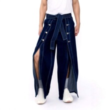 原创潮牌男士不常规露腿洗水牛仔裤中腰宽松滑板阔腿裤男街潮长裤