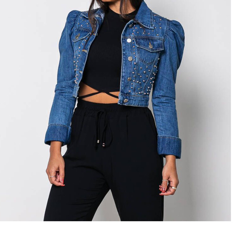 beaded blue washed crop denim jacket NSARY126425