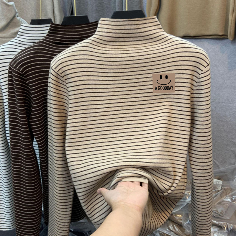 Double-Sided Velvet Base Shirt Women's Spring Autumn and Winter New Thickened Striped Half-High Collar Long-Sleeved European Small Shirt Top