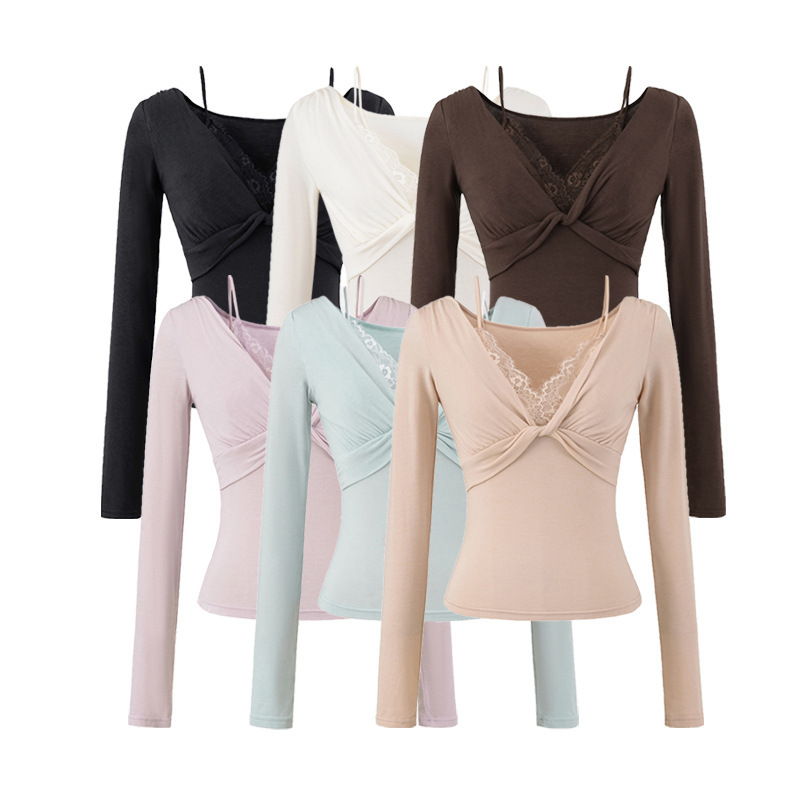 2025 Autumn Hot Girl Fake Two-Piece Lace Spliced ​​Suspender Top Women's Slim V-Neck Twist Bottoming Shirt Long Sleeve T-Shirt