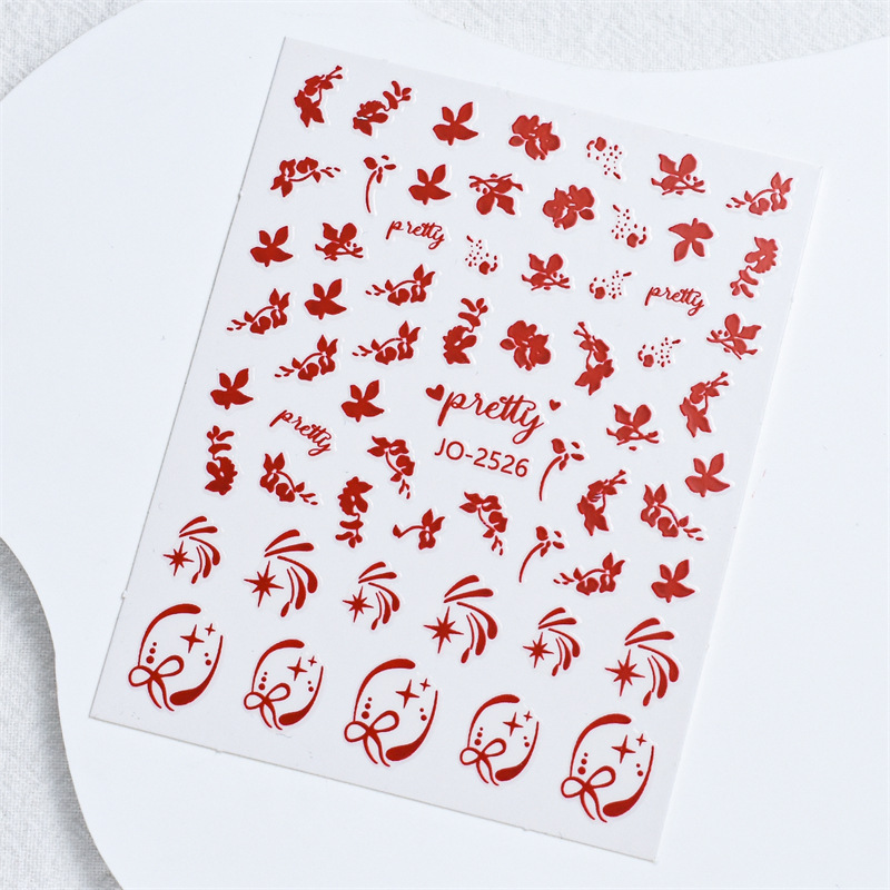 Año nuevo rojo uñas pegatinas festivo flor arco corazón francés letras ricas nuevo país estilo adhesivo uñas pegatinas