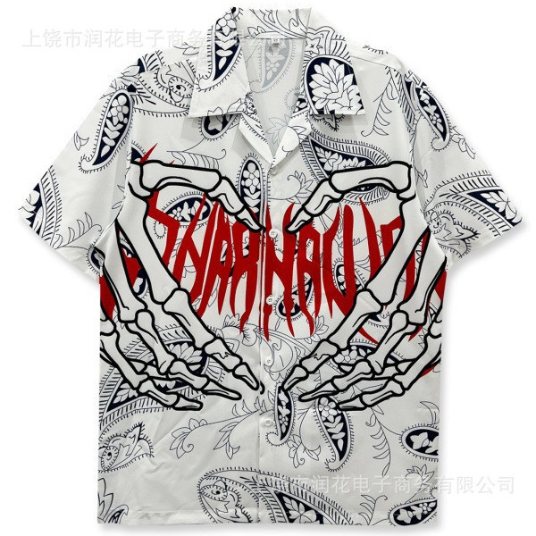 American High Street Style Skull Hand Paisley Pattern Men's Shirt Summer 3D Digital Print Loose Short-Sleeve Turn-Down Collar Shirt