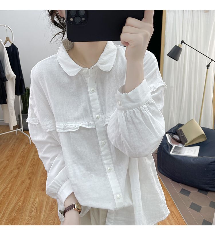 Women's Cotton Linen Blouse With Ruffles And Lantern Sleeves_voghion.com
