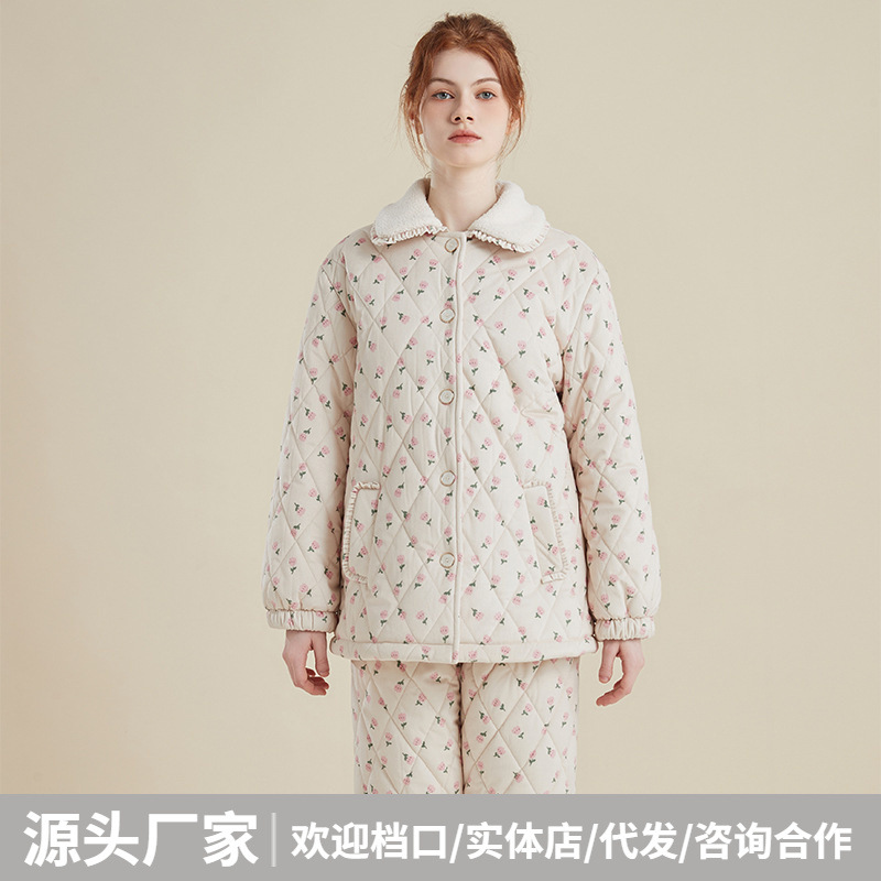 睡衣女士冬季三层加厚加绒夹棉女款可外穿冬款保暖棉袄家居服套装