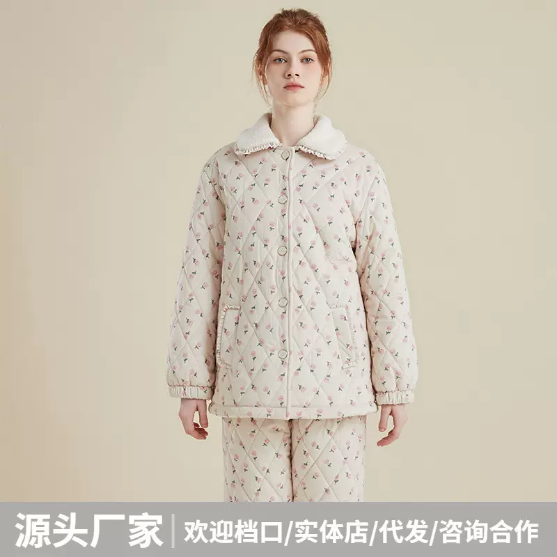 睡衣女士冬季三层加厚加绒夹棉女款可外穿冬款保暖棉袄家居服套装