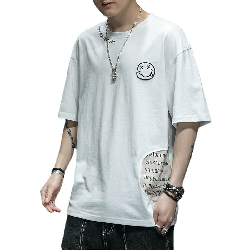 Kurzarm-T-Shirt mit besticktem Lächeln-Gesicht für den Sommermodetrend für Herren, Oberteil mit Kontrastfarbe, lockere Fünf_voghion.com