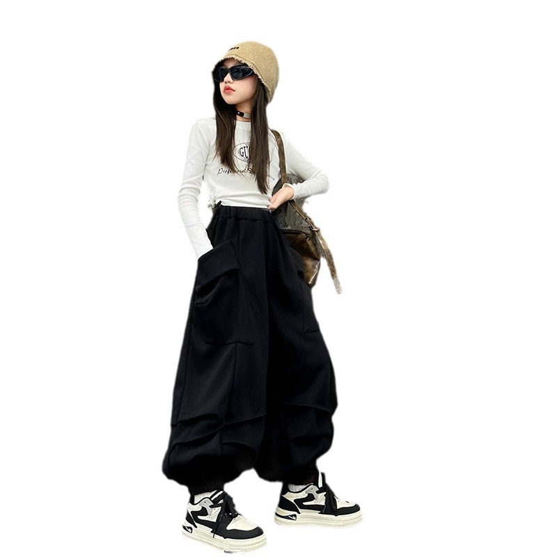 소녀 가을 패션 쿨 할란 바지 큰 아이들을위한 세련된 패션 느슨한 블루머스 어린이 거리 댄스 바지 공연 옷