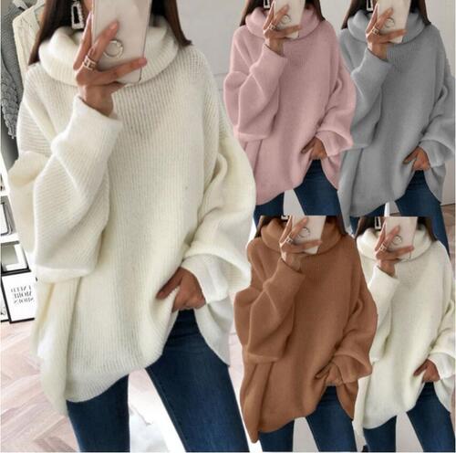 Women's European and American Fashion Sweater Amazon Solid Color High Collar Knit Sweater Bump Collar Plus Size Loose Cross-border Sweater
