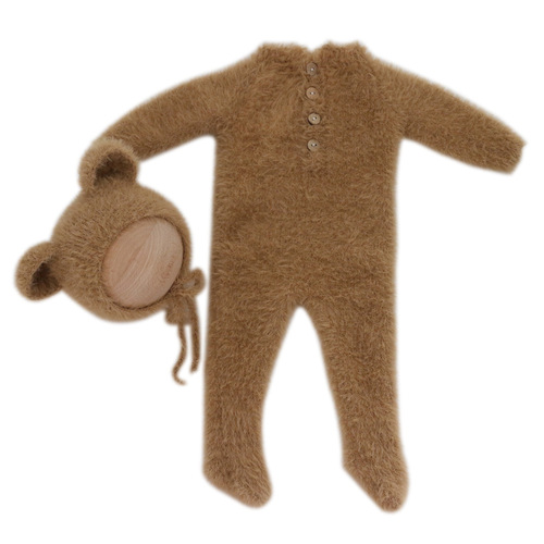 跨境新款新生儿摄影服装 婴儿柔软针织小毛熊连体衣+帽子两件套