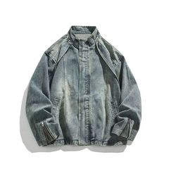 美式复古解构拼接牛仔夹克早秋立领黄泥做旧拉链设计感夹克外套
