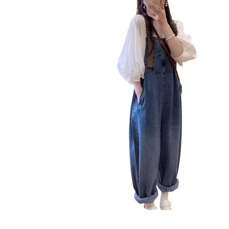 微胖mm时髦套装小个子穿搭春秋泡泡袖上衣水洗牛仔背带裤两件套女|undefined