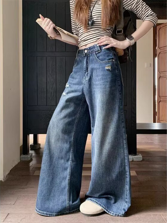 美式复古破洞牛仔裤女2025秋季新款高腰宽松显瘦直筒拖地长裤子|undefined