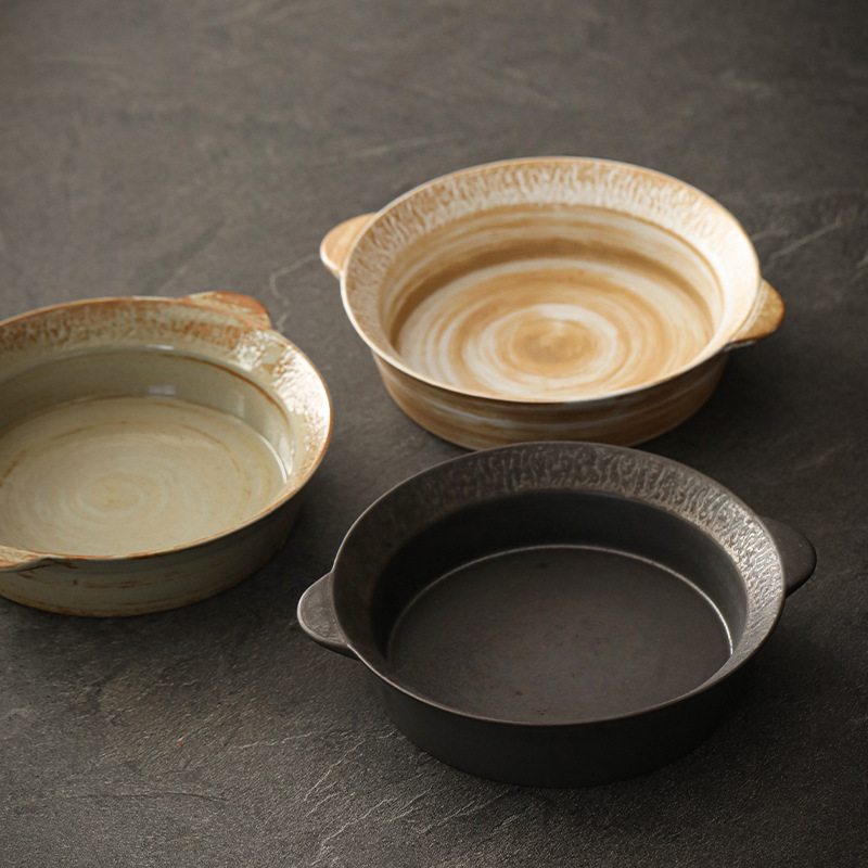 Logotipo personalizado Snacks de cerámica gruesa Plato de frutas Plato de postre Plato de oreja de gato Plato retro binaural Cerámica Kung Fu Juego de té