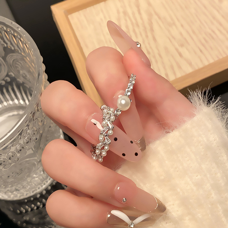 高級感輕奢雙排珍珠鋯石精緻戒指簡約個性時尚氣質百搭食指戒配飾