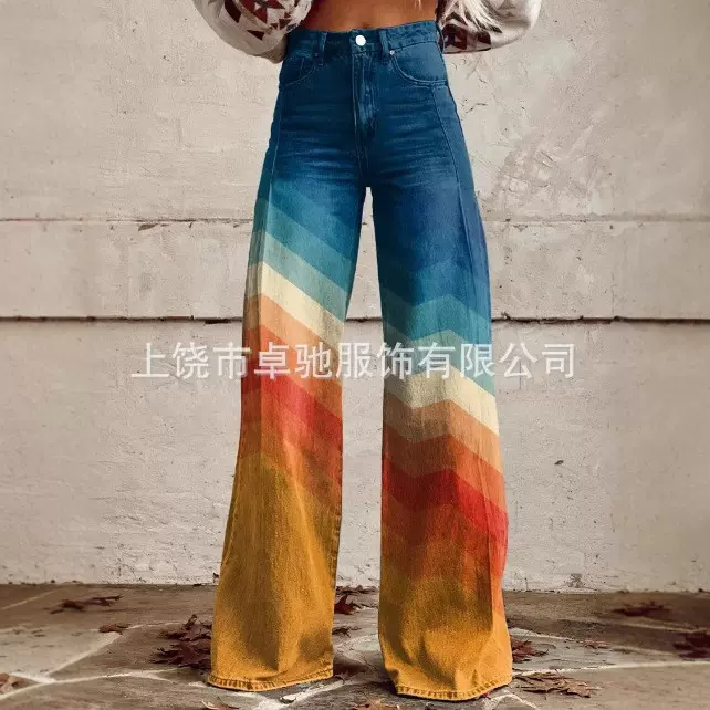 （口袋版本）2025数码印花五角星假牛仔女士阔腿裤 3D女长裤喇叭