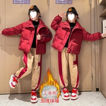红色休闲运动套装女童款保暖棉服外套绒卫裤两件套款