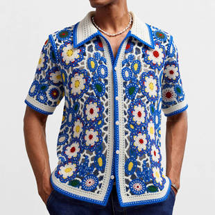 Amazon Cross-Border Men's Clothing European and American Ethnic Style Crochet Knitwear Men's Summer Short-Sleeved Polo Shirt Sy0059