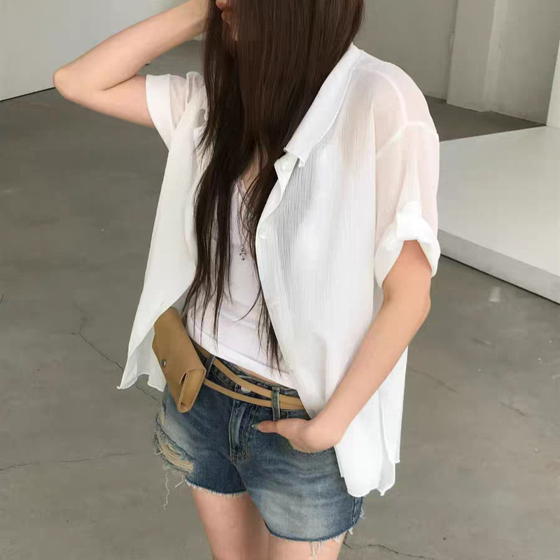 Clearance Sale, No Returns or Exchanges, Korean Style Loose Solid Color Turn-Down Collar Single-Breasted Top, Dongdaemun Summer New Style Rolled Sleeve Short-Sleeve Shirt