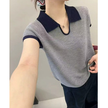 简约风时尚U领针织短袖T恤女2025夏季新款百搭撞色减龄薄款上衣