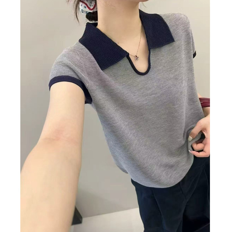 简约风时尚U领针织短袖T恤女2025夏季新款百搭撞色减龄薄款上衣
