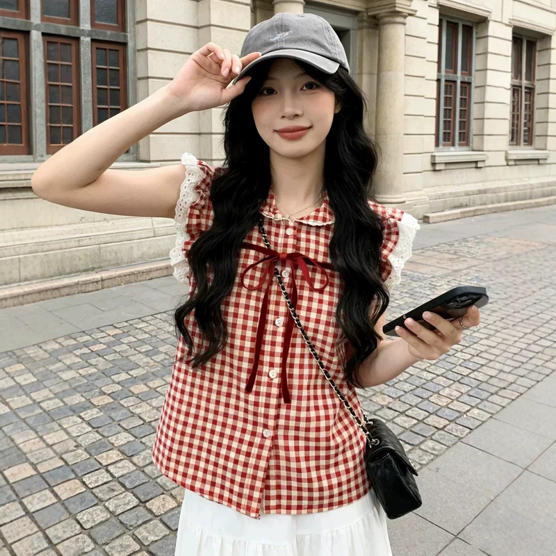 French-Style Sweet Red Plaid Doll Collar Shirt for Women, Summer 2026 New Model with Lace Trim and Small Flutter Sleeves
