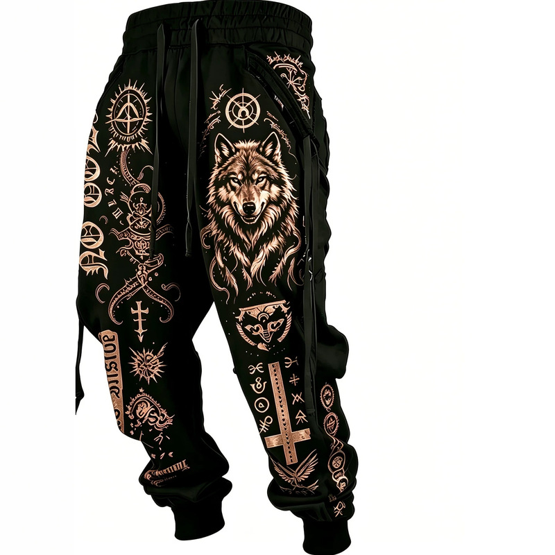 Cross-border, in-stock, European and American style wolf totem print, trendy jogger pants, loose-fitting, casual drawstring athletic long pants for men