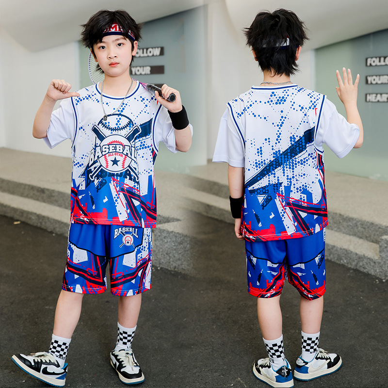 Children's basketball uniform suit boys' and girls' sports short sleeve fake two-piece primary school students' competition training team uniform jersey