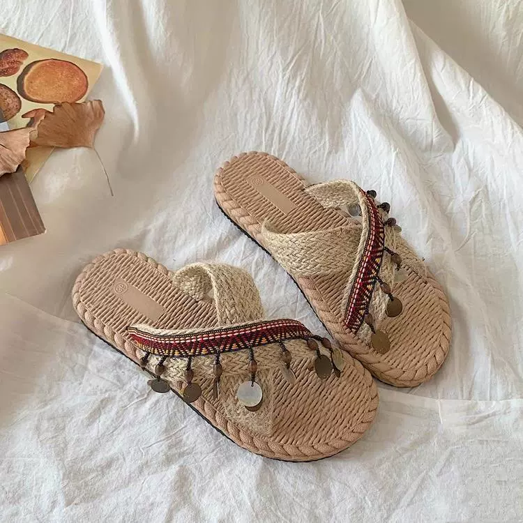 Национальный стиль льняные тапочки с плоским дном