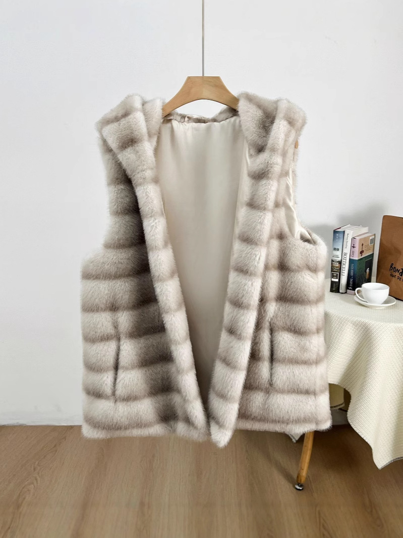 Aliexpress nuevo cinturón de comercio exterior chaleco chaqueta de rayas horizontales de visón chaqueta con capuzas estilo corto delgado