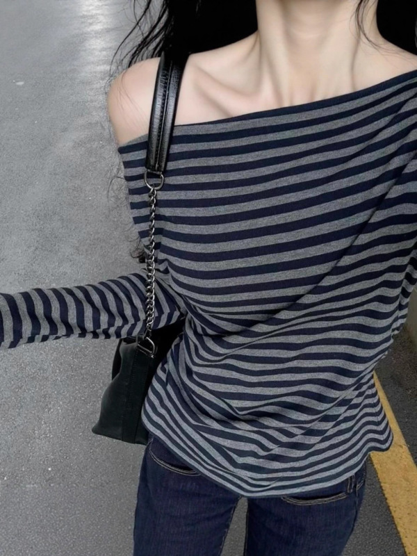 韩式慵懒一字肩条纹款长袖t恤女夏季松弛感修身wintage风斜肩上衣|undefined