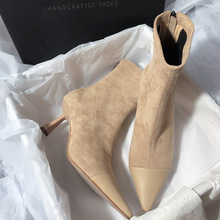 新品森屿海巷 尖头细高跟真皮后拉链短靴简约拼接风优雅高跟时装